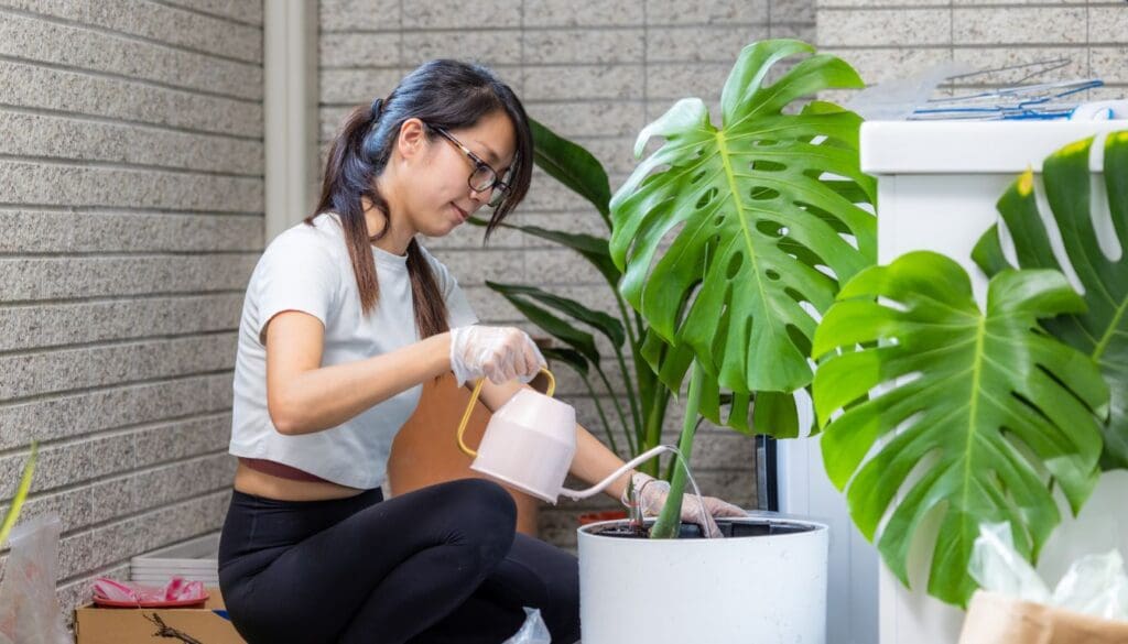 Watering a Monstera plant