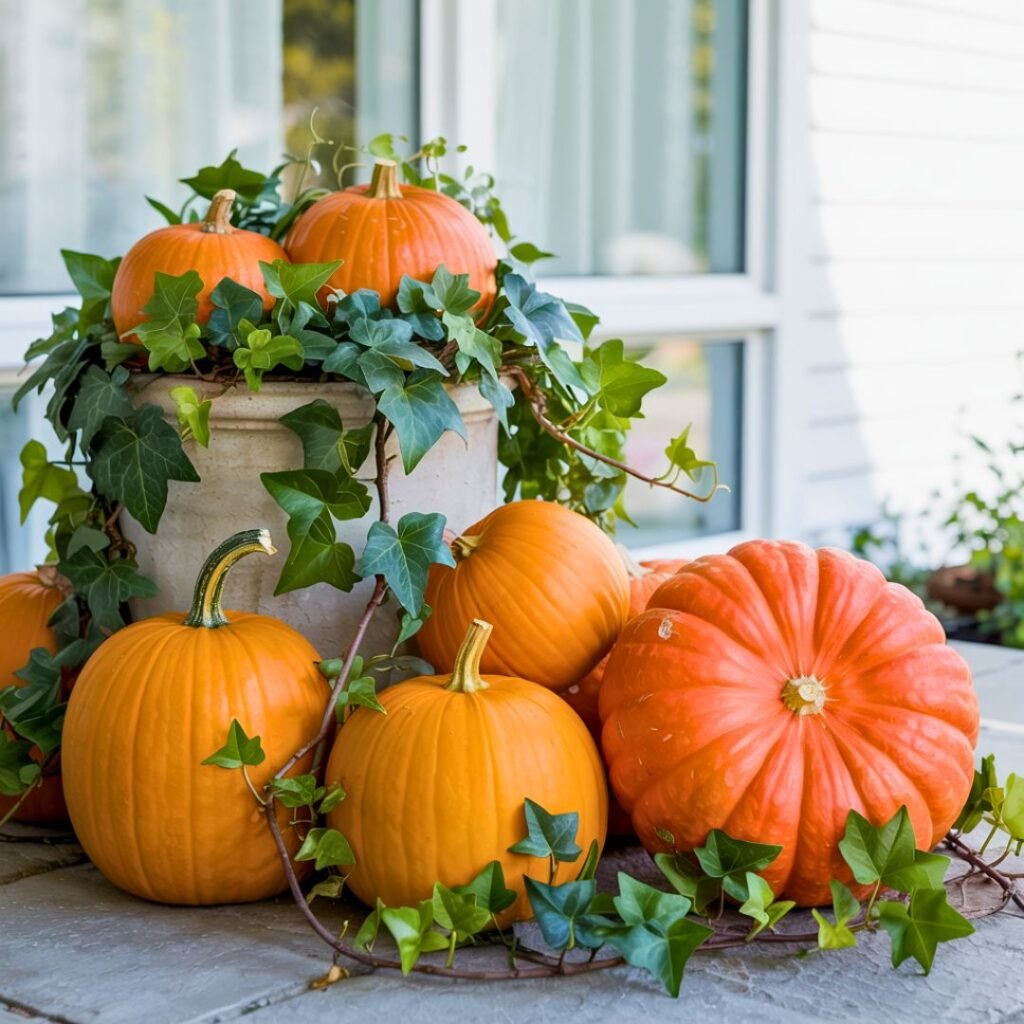 Orange pumpkins with trailing ivy around the base