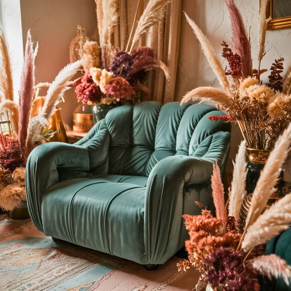 Plush velvet armchair surrounded by dried pampas grass
