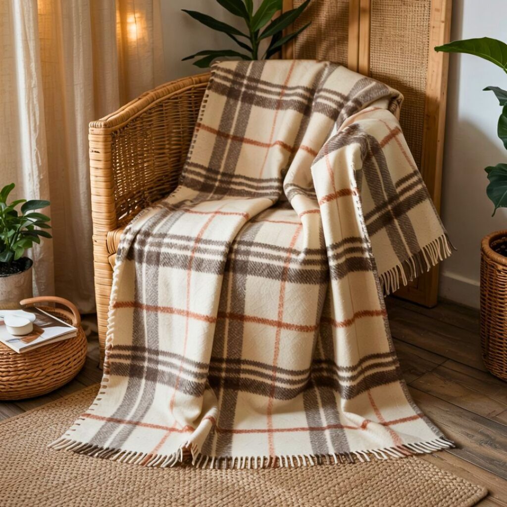 soft wool throw with a plaid pattern on a rattan chair